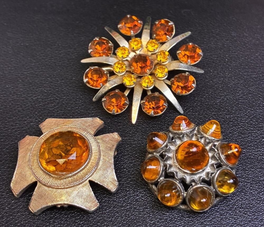 Vintage Amber Orange Brooch Lot 3 Unsigned Rhinestone Glass Mid Century Pins